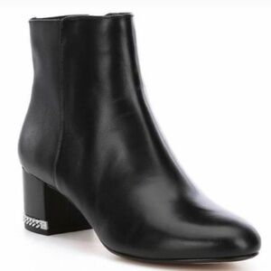 Michael Kors Sabrina Black Leather Bootie Ankle Boot Chunky Heel Zip Up Chain